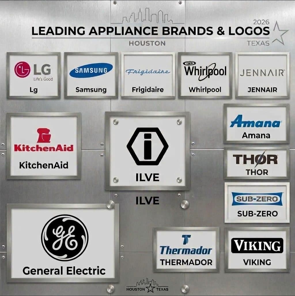 Leading appliance brands in Houston, Texas: LG, Samsung, Frigidaire, Whirlpool, JennAir, KitchenAid, ILVE, Amana, THOR, Sub-Zero, General Electric, Thermador and Viking