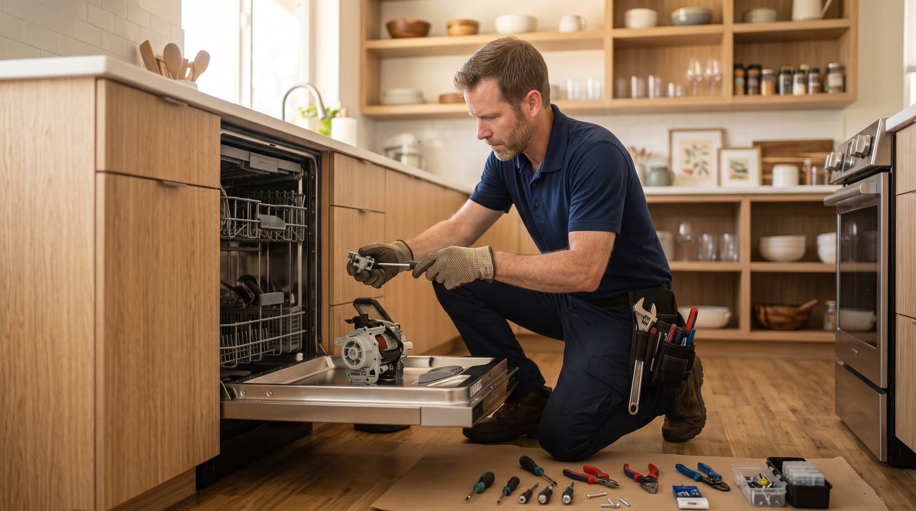 Technician repairing a dishwasher