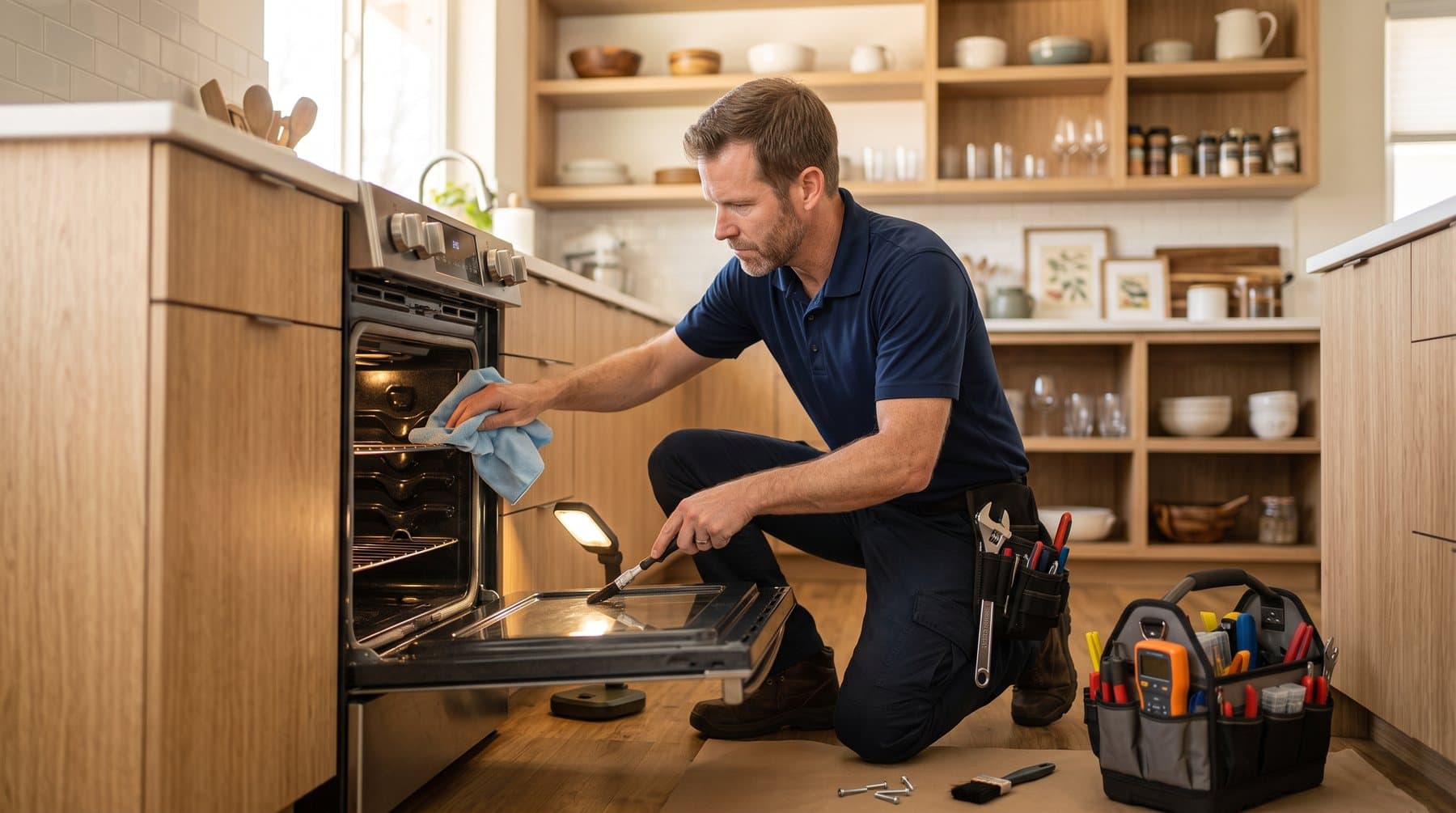 Technician performing preventive maintenance on an oven