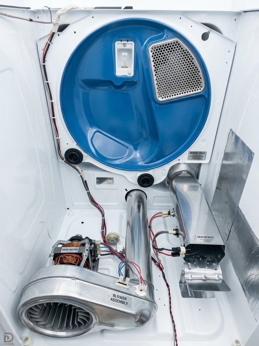 Dryer opened up showing the drive motor, blower assembly and heater duct